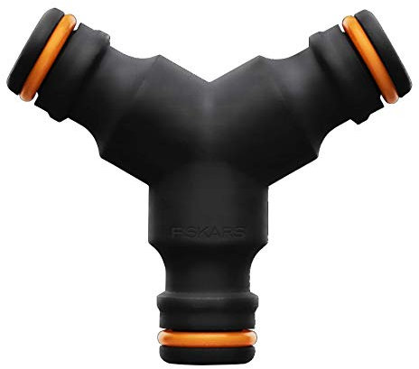 Fiskars Dreiwegeanschluss, Einfache Wasserzufuhr in 2 Schläuche, Für alle Typen und Größen von Schlauchschnellverbindern, Universalgröße, 18 g, Schwarz/Orange, 1027070