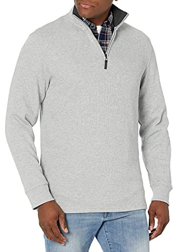 Amazon Essentials Herren Pullover mit Viertelreißverschluss, Französischer Rippstrick, Hellgrau Meliert, L