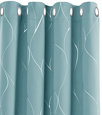 Deconovo, Set of 2 Blackout Curtains with Eyelets, Silver Design, Insulated, for Adult Bedroom, 132 x 160 cm, Sky Blue