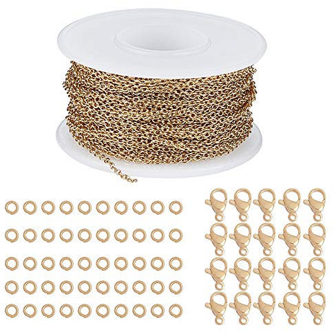 SUNNYCLUE 10m / Rolle Ketten Meterware Gold Edelstahl Bordsteinkabel Kettengliedspule Bulk Halskette Breite 2mm Mit 20 Hummerverschlüssen Und 50 Biegeringen Für Schmuck Armband Halskette Anhänger Hers