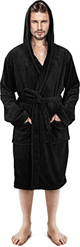 NY Threads Luxury Men’s Hooded Dressing Gown Super Soft Men’s Fleece Robe Cozy Hooded Plush Loungewear, X-Large, Black