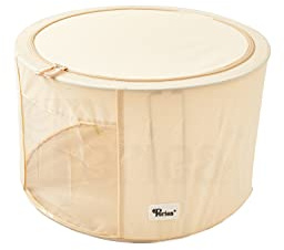 Periea 'Abby' Round Home Storage Boxes with Zip Lids, Front Window & Folding Steel Frame (Tan, Large)