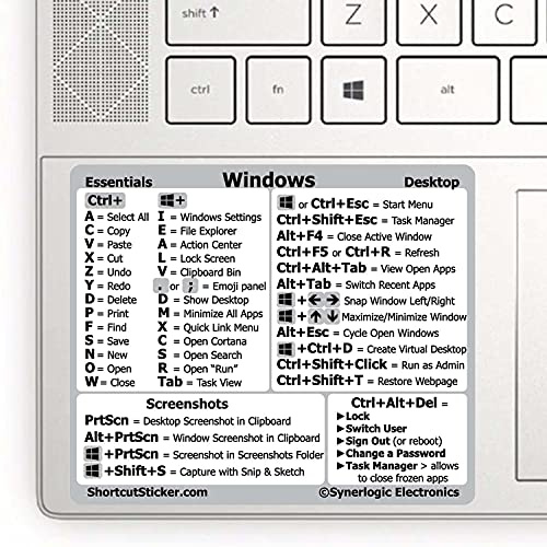 SYNERLOGIC (5 pcs) Windows PC Keyboard Shortcuts Stickers | No-Residue Laminated Vinyl Cheatsheet Windows Keyboard Stickers 76 x 64mm (White, Small, 5 pcs)