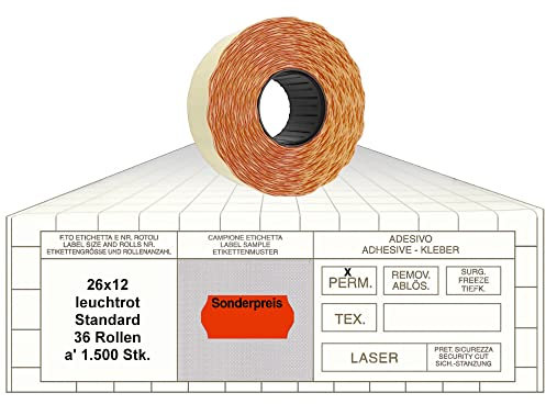 Preisauszeichner Etiketten 26x12 Standard leuchtrot 36 Rollen permanent Preisetiketten für Smart Printex Tovel Contact Meto Blitz Open