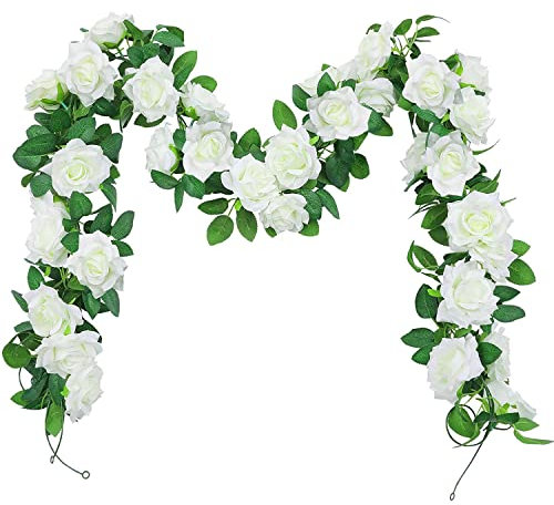 3pcs 24ft Decorative Artificial Flowers Fake Rose Wreath Simulated White Vine, with Leaves 27 for Wedding Festive Party Indoor Outdoor Decoration (White 240cm x 3), XG20220602