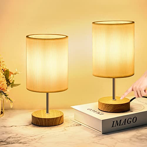 Aomeya Touch Control Table Lamp Set of 2,3-Way Dimmable Bedside Lamps Nightstand Lamps with White Fabric Shade for Bedroom Living Room (Wood-2)