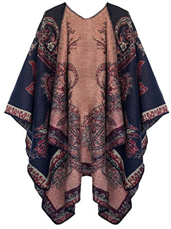 EXCHIC Damen Warm Offene Front Strick Schals und Wraps Floral Elegante Cardigans Poncho Cape Coat Mantel (Marineblau-25)
