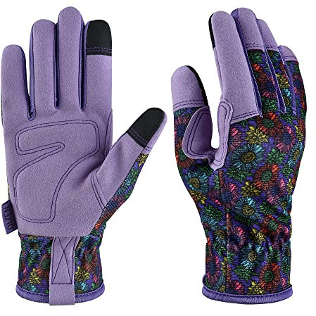 OIZEN Gartenhandschuhe für Frauen und Männer, Touchscreen Gartenhandschuhe, Dornenfeste und Durchstichfeste Arbeitshandschuhe, Gartengeschenke für Frauen, Größe Klein (lila Blume, M)