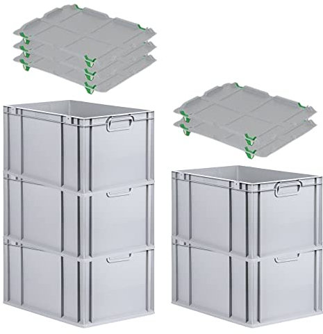 PROREGAL SparSet 5x Eurobox NextGen Grip mit Auflagedeckel & 4 grünen Schiebeschnappverschlüssen, HxBxT 32x40x60cm, 65 L, Grau, Griffe geschlossen, Eurobehälter, Transportbox