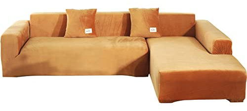 ele ELEOPTION Sofa Überzug Samt Stretch Sofabezug 2er Set 3 Sitzer Verdickung Couchbezug für L Form Sofa Ecksofa inkl. 4 Stücke Kissenbezug (pur Orange)