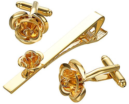 RunootPR Krawattennadel Set Gold Rose Manschettenknöpfe Blume Krawattenklammer Personalisiert für Herren Hochzeit Geschäft Parteien Schmuck