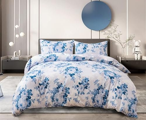 PRIME LINENS Duvet Cover Set 4 Pcs Polyester-Cotton Quilt Cover Bedding Set With Pillow Cases and Extra Fitted Sheet Included (Vintage Floral Blue, King)