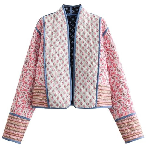 Omoone Veste courte matelassée à motif floral pour femme, cardigan imprimé, manteau rembourré léger et ouvert sur le devant, rose, X-Small