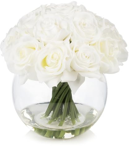 ENOVA FLORAL 16 Heads Silk Rose Artificial Flowers in Vase,Faux Rose Flowers Arrangement in Round Bowl Vase with Faux Water for Table Decor Centerpieces (White)