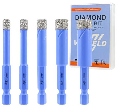 Juego de Brocas Diamante Seco - 5 Piezas 6/6/8/10/12mm Corona Diamante para Baldosas Porcelana Cerámica Mármol Granito - Vástago Hexagonal de Cambio Rápido con Estuche VENJELD