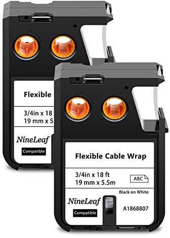 NineLeaf 2 Pack Replacement for Dymo 1868807 A1868807 19mm x 5.5m 0.7'' 3/4 inch Black on White Flexible Cable Wrap Nylon Label Tape for Rhino XTL-300 XTL-500 Label Maker
