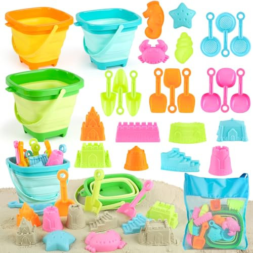 YIMORE Jouet de Plage, 28 PCS Jouets de Sable de Voyage avec Seau Pliable Enfants, Bac à Sable Jouets de Plage pour Enfants Garçons Filles