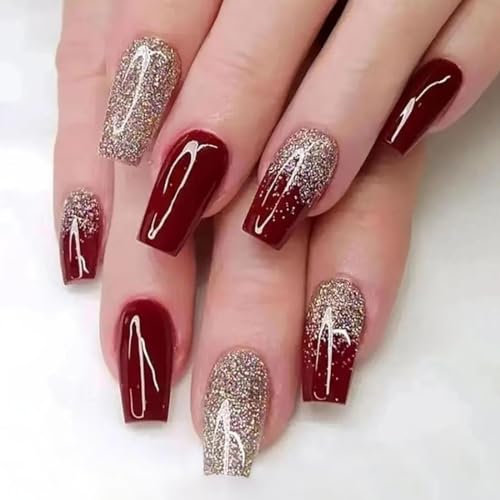 SINLOV Lot de 24 faux ongles longs brillants en forme de cercueil à presser - Faux ongles noirs et blancs - Faux ongles français - Pour femmes et filles