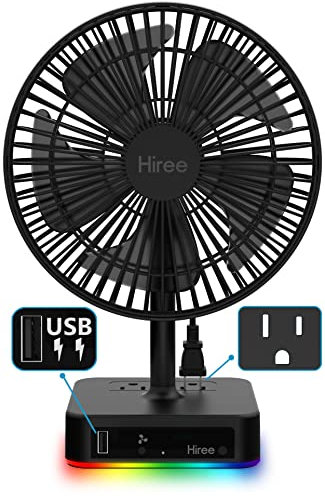 Hiree Desk Fan with USB Charging Port, 2 Speeds 6.7 Inch Small Desktop Table Fan with USB Charger, AC Outlets and LED Light, Strong Wind, Quiet Operation - Personal Fan for Bedroom, Home and Dorm Room