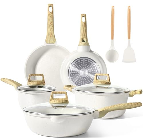 GiPP Topfset 10-Teiliges, Granit Topf und Pfannenset mit Antihaftbeschichtung, 20+24+28cm Pfannen, 16+24cm Kochtopfset, Topfset Induktion Cookware Set mit Spatel+Löffel, für alle Herdarten, Weiß