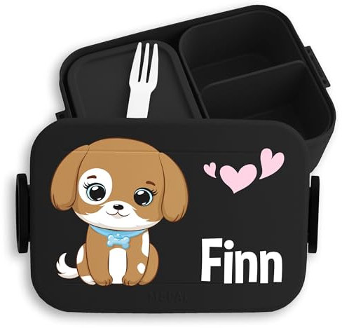Kinder Bento Box Midi Lunchbox für Mepal Bentobox - Hund süß Hundemotiv Hunde Dog Dogs - 900 ml - Schwarz - brotdose personalisierte hunden jausenbox fächern und name bento-lunchbox brotbox