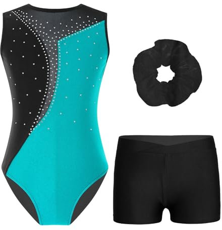 Yruioon Kinder Mädchen Gymnastikanzug Glitzer Turnanzug mit Kurze Hose Haarband Ärmellos Ballettanzug Ballett Trikotanzug Wettbewerb Tanzkostüm A Blau Grün 134-140