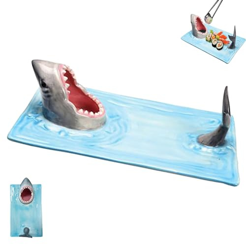enseak Shark Sushi Plate,Plato De Sushi De Tiburón,Plato De Tiburón,Plato De Sushi De Cerámica Shark Attack,Divertida Bandeja De Servir De Barco De Sushi,Regalo para Entusiastas del Sushi