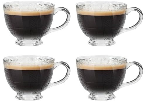 Dibor Glass Coffee Mugs Set Mid-Century Modern Style Fern Leaf Embossed Multi-Purpose Glass Mugs Tea/Coffee/Hot Chocolate/Latte Glasses Footed Glass Cups with Handles (4)