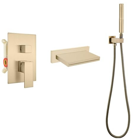 BiaoTeng Mitigeur Baignoire Encastrable Or Douche Mural 2 Fonctions Chaud et Froid Robinet Mural Salle de Bain Cascade Robinet Baignoire Encastrable Or Brossé