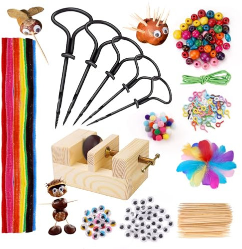 POFIBO Kit de forage à châtaignes pour enfants - Foret à châtaigne avec support, kit de 328 pièces pour bricoler avec des châtaignes, kit de bricolage pour enfants