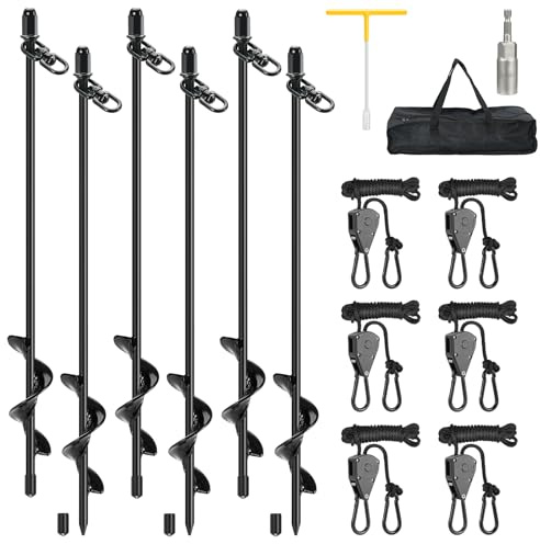 Schwerlast Zeltheringe zum Schrauben 45 cm (6er Set) – Erdanker Bodenanker sturmsicher, mit T-Griff & verstellbaren Ratschen-Spanngurten, für Vorzelt Wohnwagen, Markise, Pavillon, Carport, Trampolin