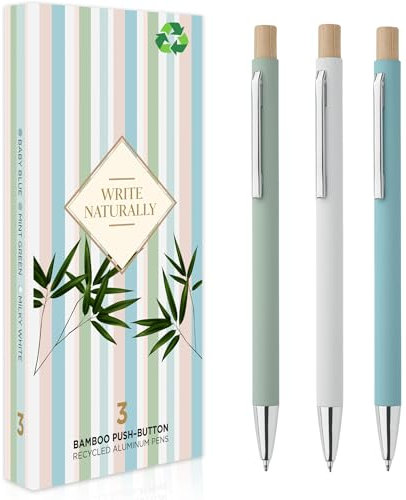 Stylos mignons et originaux – Lot de 3 stylos à offrir en aluminium et bambou recyclé – Stylo bleu pointe fine, cadeau femme original cadeau pour enseignante