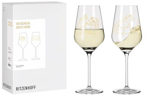 RITZENHOFF 8082002 Weißweinglas 2er Set 300 ml, Serie Reitgold - 2 Stück, Motiv Pferd und Reiterin, Gold, Made in Germany