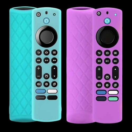 2 Pack Silicone Remote Cover for 4K Max/Toshiba/Insignia/Pioneer/Omni (QLED) Series Voice Remote Enhanced w/Lanyard Glowing - Blue and Purple