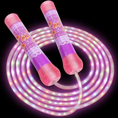 Pink Kids Skipping Ropes Age 5-9 Year, Adjustable LED Jump Rope with Non Slip Handle, Skipping Rooe for Girls Boys Fitness Exercise Workout Indoor Outdoor