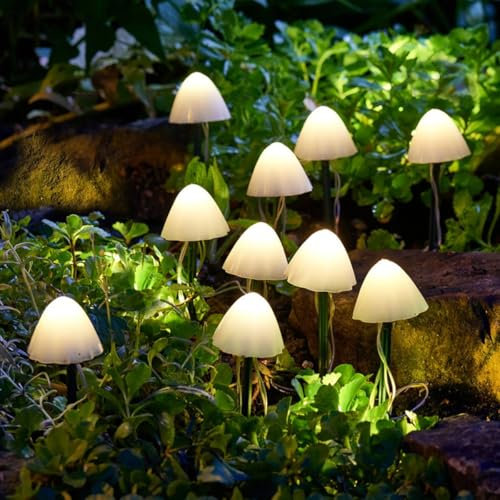 Festive Lights - Pack of 10 Solar Mushroom Stake Lights (2m Lit Length) with External Panel - 20cm Height, Warm White LED, Pearl Caps, Weather-Resistant Outdoor Feature for Flower Beds & Pathways