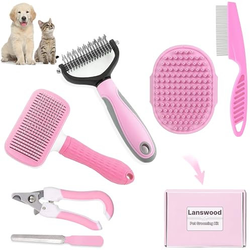 Lanswood 6 Pack Dog Brush Dog Grooming Kit-Slicker Grooming Brushes, Double Sided Shedding Brush, Nail Clipper with Nail File, Flea Comb, Bath Brushes for Pet