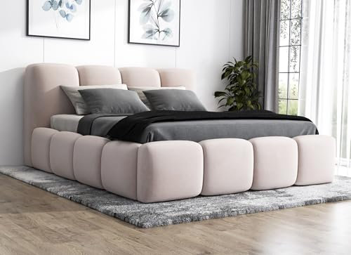 A&J MöbelLand Polsterbett 90x200 mit Bettkasten und Lattenrost – DONA, Bett mit Matratze und Stauraum in Beige