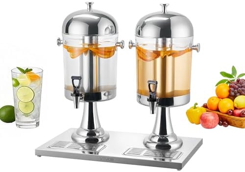 VEVOR Distributeur de Boissons Capacité 2x 8 L, Fontaine à Eau en Acier Inoxydable et Plastique, avec Robinet, Compartiment à Glace et Plateau, Distribution de Jus Limonade Thé Glacé, Restaurant Café