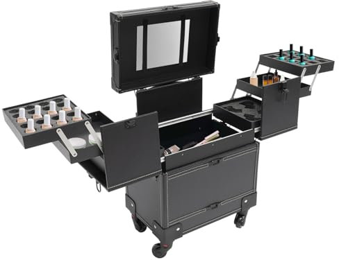 Rolling Makeup Train Case, Lockable Cosmetic Trolley with Mirror & Swivel Wheels, Large Storage Traveling Cart Trunk for Nail Technicians & Hairstylists