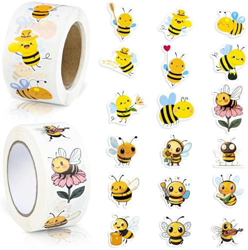 JAXICREY Bienen Aufkleber, 2 Rolle/1000 Stück Bienen Sticker Niedlich Aufkleber Biene Deko Tiere Bee Kinder Belohnungsaufkleber Klein Wetterfest für Scrapbooking DIY Handwerk Stempel