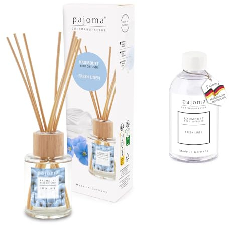 pajoma® Raumduft Fresh Linen 100 ml + Nachfüller 250 ml | Komplett-Set mit Rattanstäbchen | Langanhaltender Diffuser, Premium Qualität