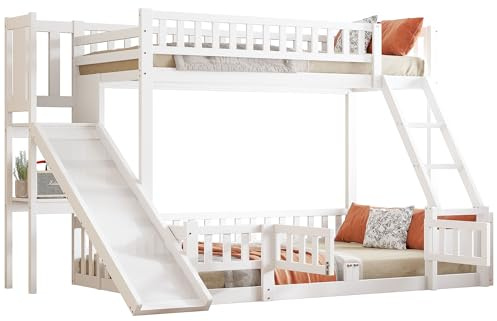 WEALTHOUSE Etagenbett mit Rutsche und Leiter aus Kiefernholz und MDF, Doppelstockbett mit Absturzsicherung Geländer, Regalen und ausziehbarer Tür,platzsparendes Hochbett (Weiß,90x200cm+140x200cm)