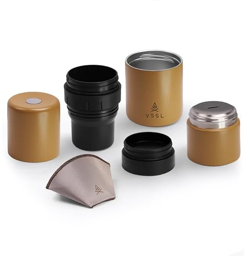 VSSL - Nest Pour Over Coffee Kit | Coffee Maker for Camping | All-In-One Travel Pour Over | Transportable Dripper, Two 10oz Stainless Steel Travel Mugs | Compact Storage & Adventure Ready | Sahara