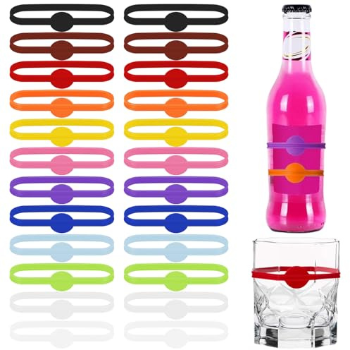 Wine Glass Marker, 24 Pieces Stretchable Silicone Drink Markers, Reusable Marker Drink Identifiers for Glasses Cup, Beer Bottle, Mug, Jar, Cocktail Glass for Party
