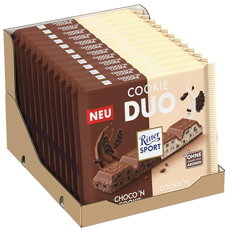 Ritter Sport Cookie Duo, große Tafel mit Choco’n Cookie & Cookie’n Cream Füllung, knusprige Keksstücke & cremige Keksfüllung, perfekt zum Naschen und Genießen, Geschenkidee, 12 x 218 g