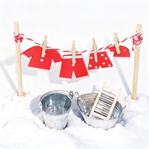 ALYLDSGS Wichtel Wäscheständer Set, 16 Stück Wichtel Zubehör, Miniatur Wäscheständer Set Weihnachten inkl. Eimer, Reibebretter,Holzbügel/Kleider, Miniatur Zubehör für Puppenhaus Möbel