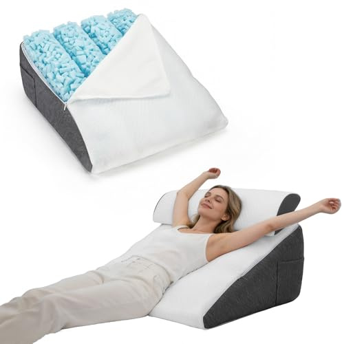 ExKeen Keilkissen mit Memory Schaum & Baumwollschicht - Stützkissen - Höhenverstellbares Schrägkissen mit Seitentaschen - Schlaf- und Lesekissen für Sofa und Bett, Waschbare Bezüge, Weiß-Grau