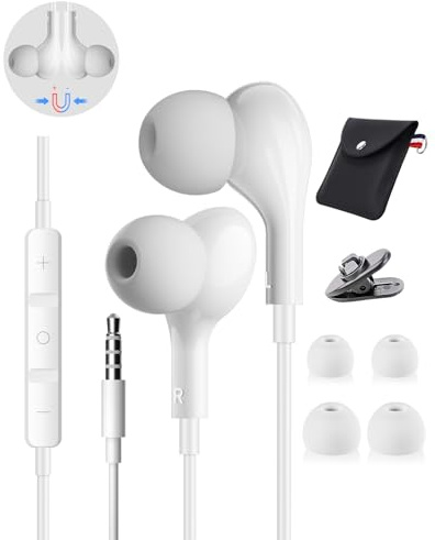 Auricolari con Filo, 3,5mm In-Ear Cuffie con Filo Hi-Fi Stereo, Magnetici Cuffiette con Microfono Isolamento Acustico Jack 3.5 mm per iPhone, Samsung, Xiaomi, Oppo, Sony, Huawei, LG, Google Bianco