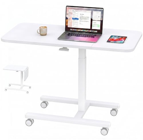 Klyvvo Höhenverstellbarer Beistelltisch 100cm Großer Platte, Weiß | Computertische mit Rollen, Gasdruckfeder, C förmiger Laptoptisch, mobiler Tisch für Wohnzimmer, Schlafzimmer